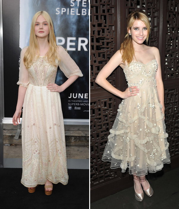 Beige-mit-Glitzergedöns-Kleider: Elle Fanning vs. Emma Roberts