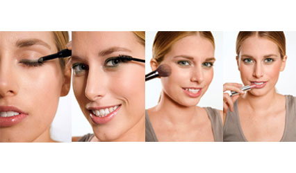 Grüner Lidschatten, Apricot-Rouge und Nude-Lipgloss