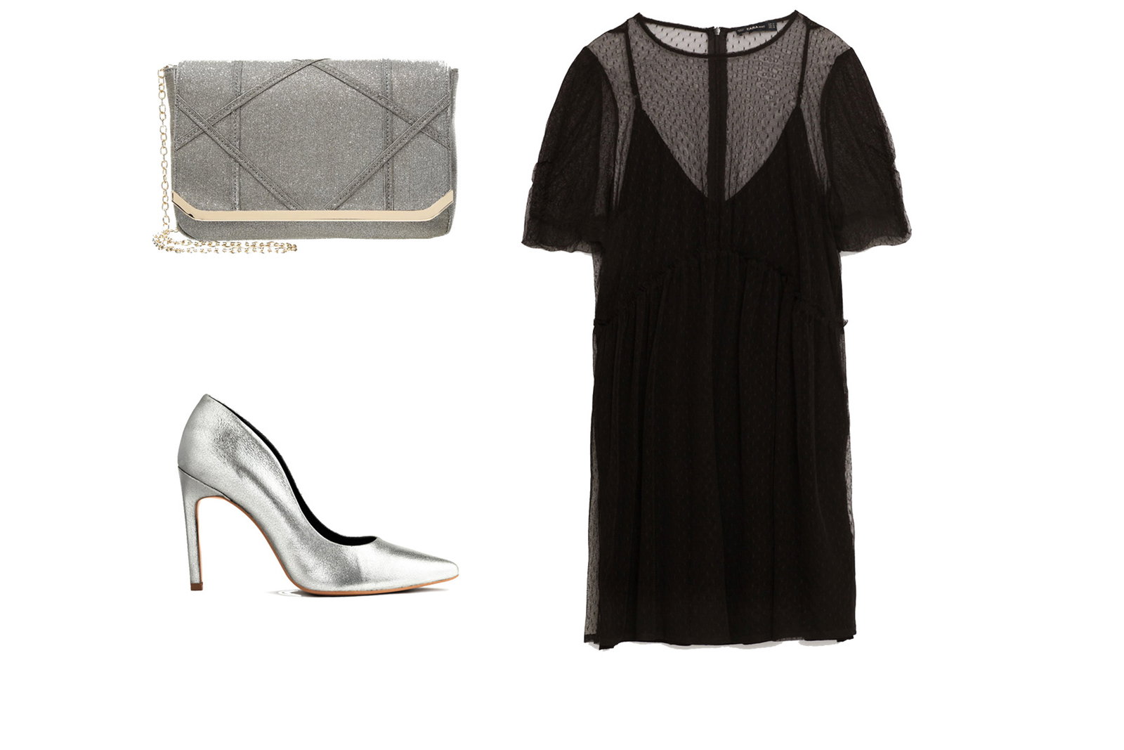 Schwarzes Tüllkleid mit silbernen Accessoires