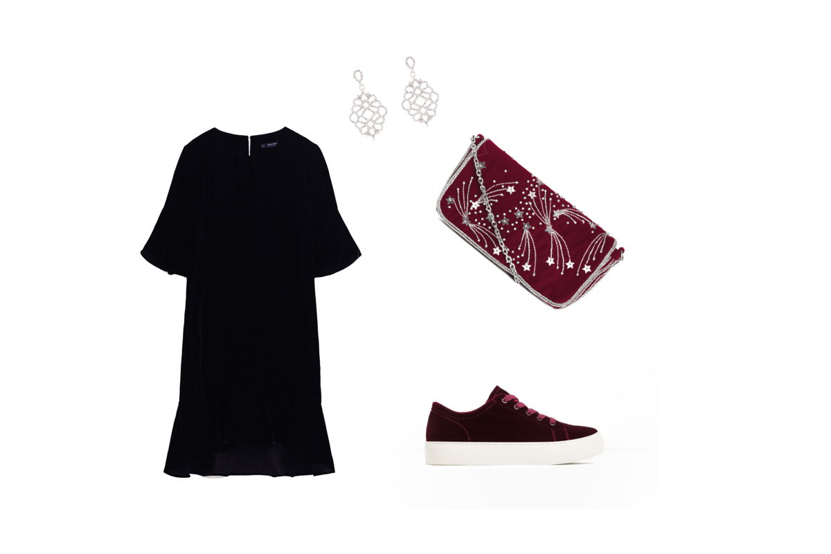 Ganz in Samt: schwarzes Kleid und rote Accessoires