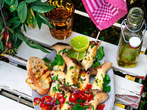 Saftiges Veggie-Glück vom Rost: Würzige Kräuterseitling-Spieße mit spritzig-scharfer Tomaten-Salsa